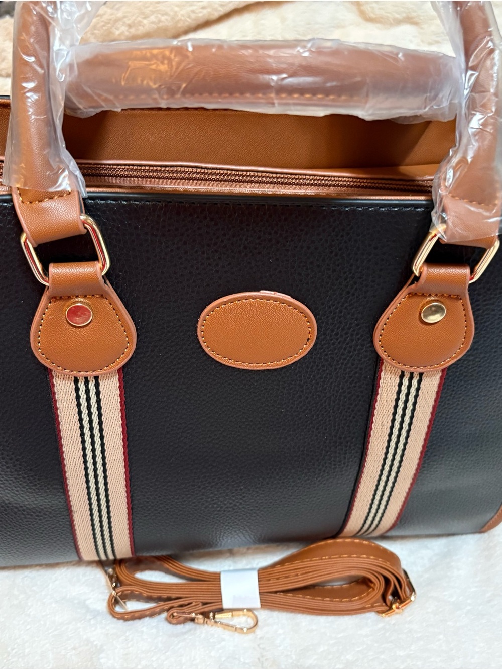 Black and Tan Striped Accent Satchel